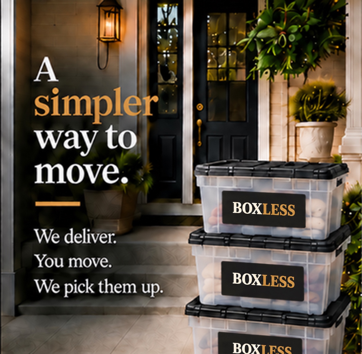 Clear BOXLESS bins with black lids stacked on a front porch at dusk