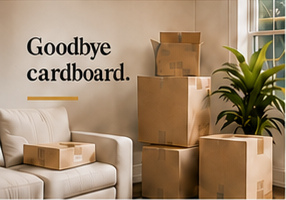 Stack of cardboard moving boxes in a living room, captioned Goodbye cardboard