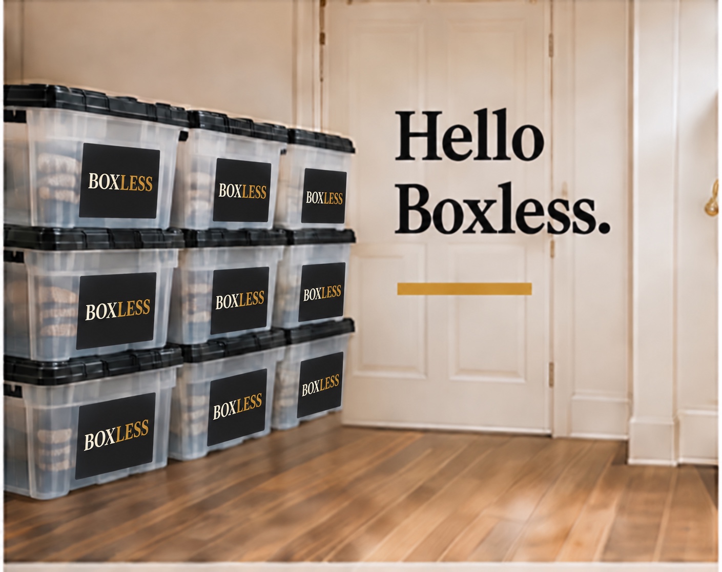 Nine clear BOXLESS bins with black lids stacked by a doorway, captioned Hello Boxless