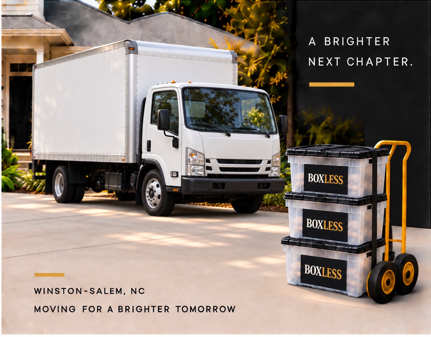 BOXLESS moving truck in a driveway with clear bins stacked on a hand truck